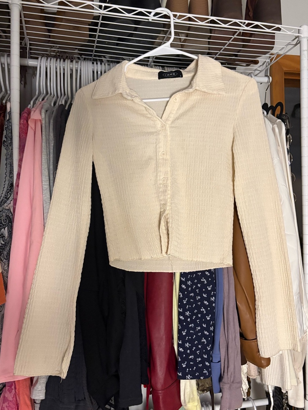 Cider Cream Textured Button-Front Cropped Collared Top
